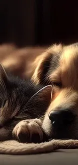 Adorable cat and dog snuggling peacefully on a cozy blanket.