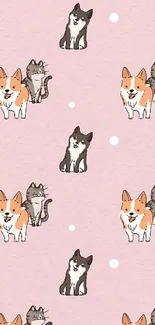 Cute cartoon dog and cat pattern on a pink background.