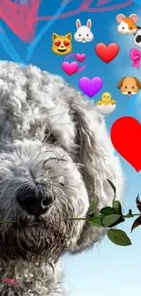 Fluffy dog with a rose and emojis on a blue sky background.