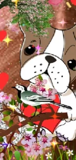 Cute dog with heart and flowers mobile wallpaper.