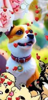 Cute dog surrounded by hearts and flowers.