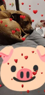 Brown dog and cartoon pig with floating red hearts wallpaper.