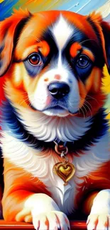 Digital art of a cute puppy with a heart necklace on a vibrant background.