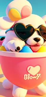 Cute puppy with sunglasses in a pink beach bucket.