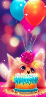 Fluffy dog with balloons and cake in vibrant birthday setting.