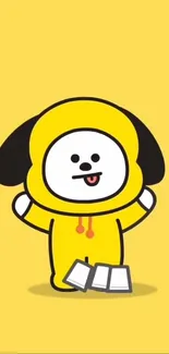 Cartoon dog in a yellow suit on a bright yellow background.