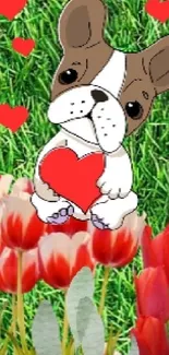 Cartoon dog holding heart with tulips and grass.