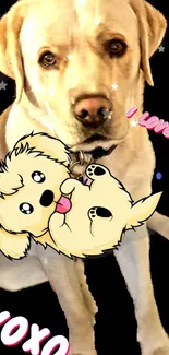 Cute dog with cartoon puppy on wallpaper.