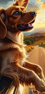 Dog happily enjoying a road trip during sunset with golden hues and scenic views.