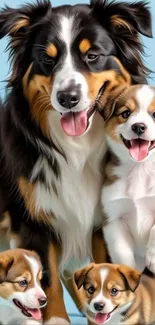 Adorable dog family with puppies on a light blue background.