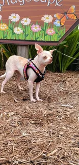 Adorable Chihuahua in a colorful garden with a playful pose.