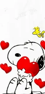 Cartoon dog hugging a red heart with a white background.