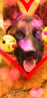 Adorable German Shepherd with heart emojis on background.