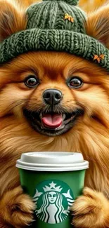 Pomeranian dog with green hat holding a coffee cup.