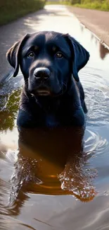 Cute black dog sitting in a puddle on a sunny day.