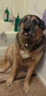 German Shepherd sitting on brown bathroom rug.