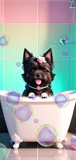 Cute black dog in bathtub with pastel bathroom tiles.