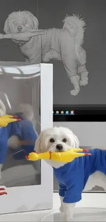 Dog in blue outfit with toy in mouth.