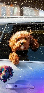 A cute dog peeks through a car window, showcasing vibrant colors and playful charm.