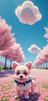 Cute dog walking on cherry blossom lined street under clear sky.