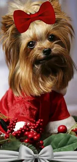 Yorkshire Terrier in red festive outfit with bow on mobile wallpaper.