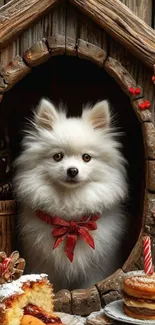 Pomeranian dog with red bow in wooden Christmas hut.