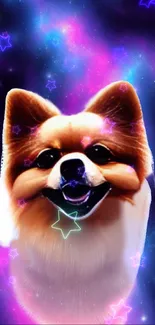 Cute dog in a galaxy with colorful stars.