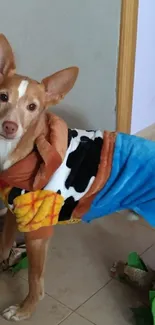 Cute dog in a colorful costume on tiled floor.