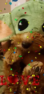 Cute puppy in green costume with confetti and love text.