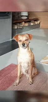 Cute dog sitting in a cozy room with natural light.