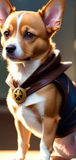 Cute dog wearing a fantasy costume with pointed ears.