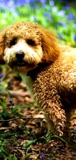 Fluffy dog standing in field of purple flowers.