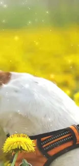 Dog with brown spot in yellow flower field.