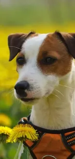 Adorable dog in a field of yellow flowers enjoying nature.