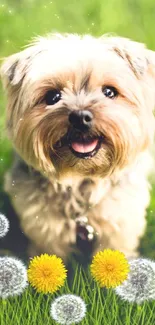 Adorable dog sitting in green grass with vibrant dandelion flowers.