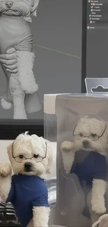 Cute dog wearing glasses in a box, with grey background.