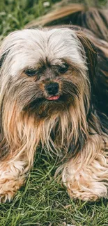 Fluffy dog lying on green grass, perfect for pet-themed mobile wallpaper.