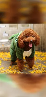 Brown poodle wearing green costume with yellow petals on the ground.