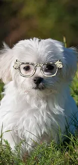 White dog wearing glasses sits on grass.