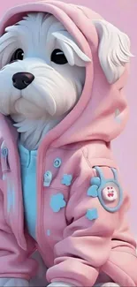 Fluffy white dog in pink hoodie on a pastel background.