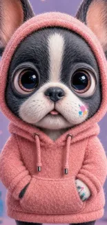 Cute cartoon dog in pink hoodie on purple background.