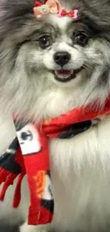 Fluffy dog wearing a red scarf with a bow on its head.