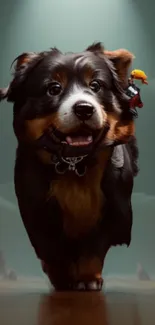 Adorable dog with a toy in a scenic teal background.