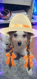 Cute dog wearing a straw hat with pigtails.