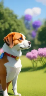 Adorable cartoon dog sitting in a vibrant, sunny meadow.