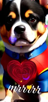 Cute dog in a superhero shirt with colorful heart graphics.