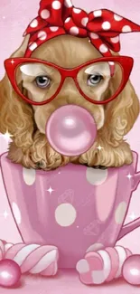 Cute dog with glasses in a pink teacup wallpaper.