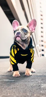 French Bulldog in black and yellow hoodie on city street.