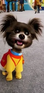 Cute dog in colorful superhero costume on a gray background.