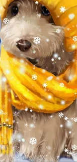 Adorable dog with a yellow scarf in a snowy scene.